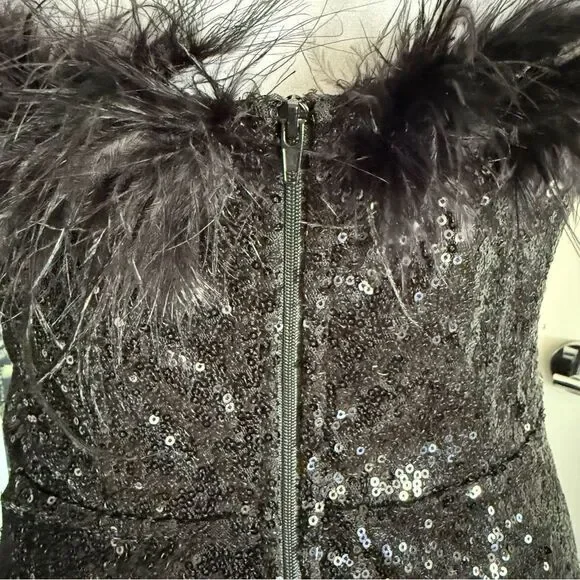 Windsor Black Sequins Strapless Corset Mini Dress with Feather Neckline Size L - Picture 6 of 9